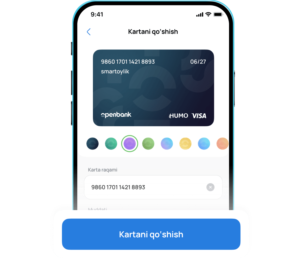 Keyingi ekranda kartaning raqami va amal qilish muddatini kiriting. Ma'lumotlarni kiritgandan so'ng,"Qo'shish" tugmasini bosing