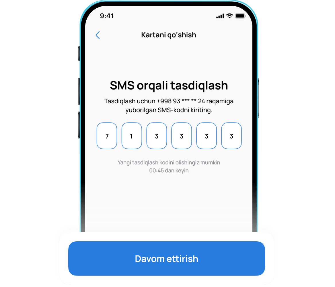 Keyin tasdiqlash uchun sizga SMS-kod yuboriladi. Kodni kiriting va"Davom etish" tugmasini bosing.