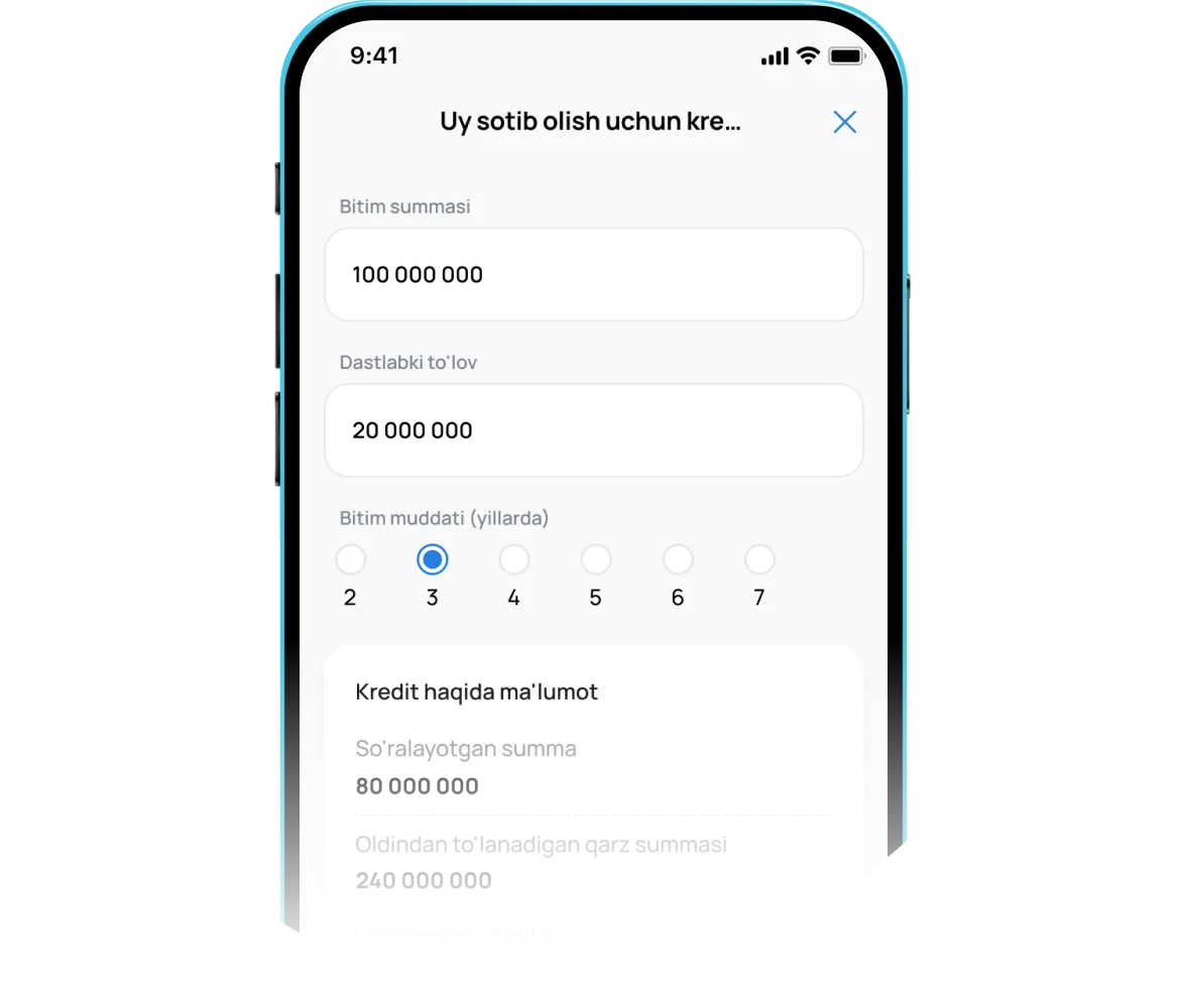 Muddatli to‘lov haqida oldindan ma’lumot olish uchun bitim summasi va muddatini, shuningdek, boshlang‘ich to‘lovni ko‘rsating va "Ariza yuborish" tugmasini bosing.