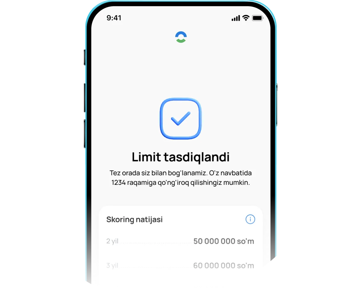 Skoring natijalariga ko‘ra sizga muddatli to‘lov tasdiqlandi! Quyida turli muddatlar uchun mavjud bo‘lgan maksimal miqdorlar ko‘rsatilgan.